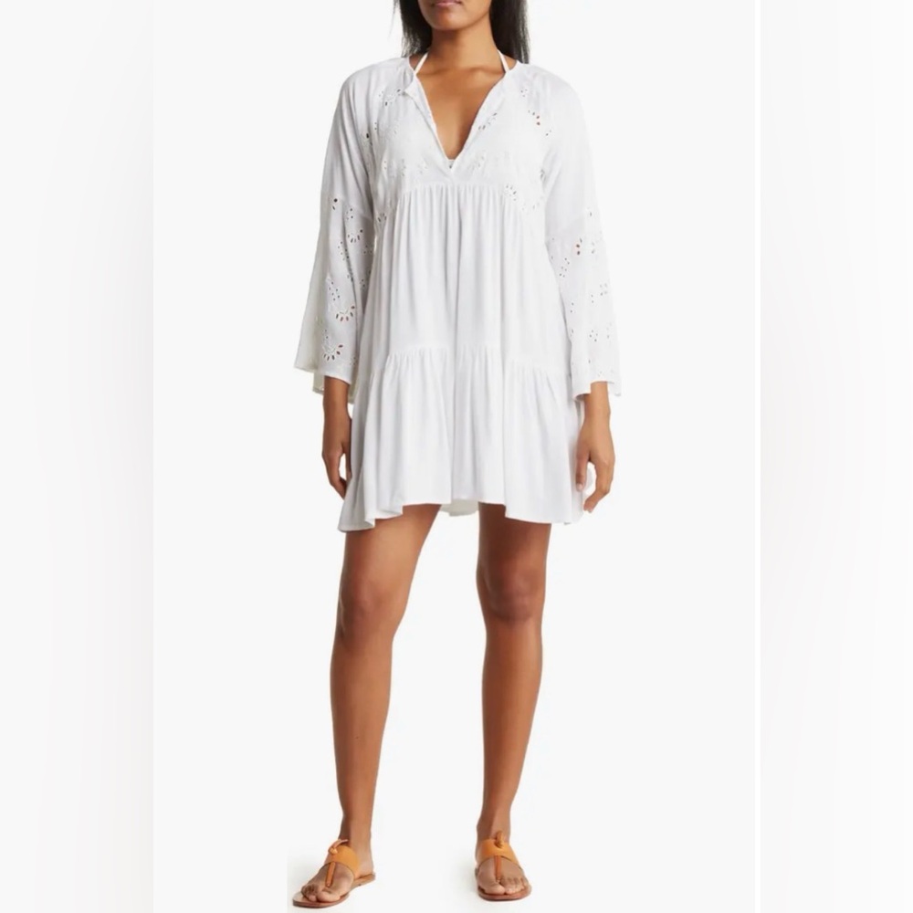 Boho Me | White Eyelet Bell Sleeve Tunic Cover-Up Dress | XS | p2p 19”